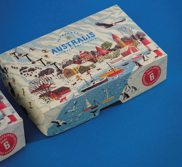 Caja ilustrada para alfajores Australis, con tapa incorporada.