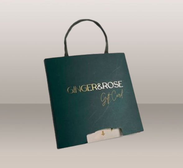 Presentación para gift card de Ginger & Rose con cordón superior.