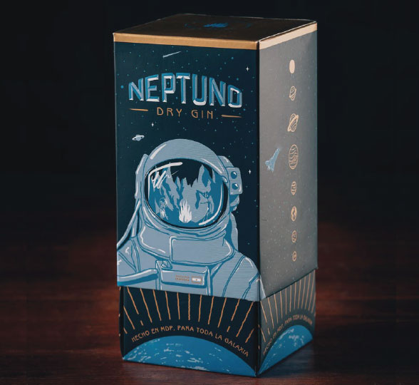 Presentación de Neptuno Dry Gin, con ilustración de un astronauta.