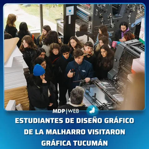 Placa original de MDP WEB sobre la visita de estudiantes de Diseño Gráfico de la Malharro a Gráfica Tucumán